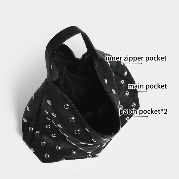 Women's Black Soft Vegan Leather Studded Shoulder Handbag Slouchy Tote Purse - Picture 4 of 6